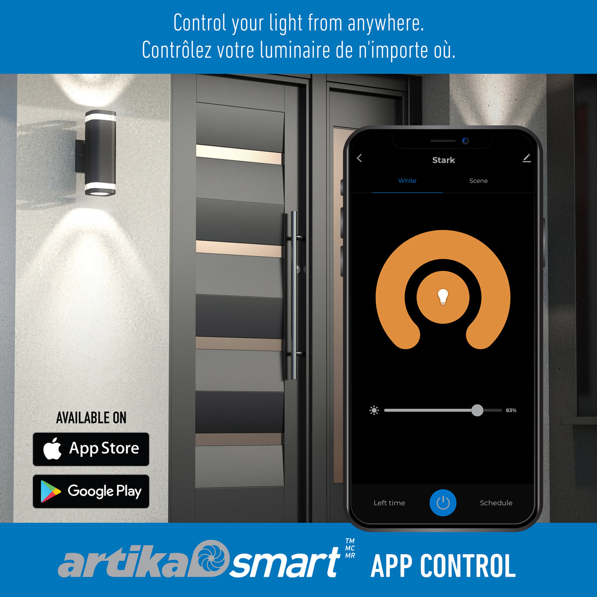 A smartphone displays a smart lighting app in front of a modern door with a wall light. Text above reads, Control your light from anywhere in English and French. App Store and Google Play logos are shown below.