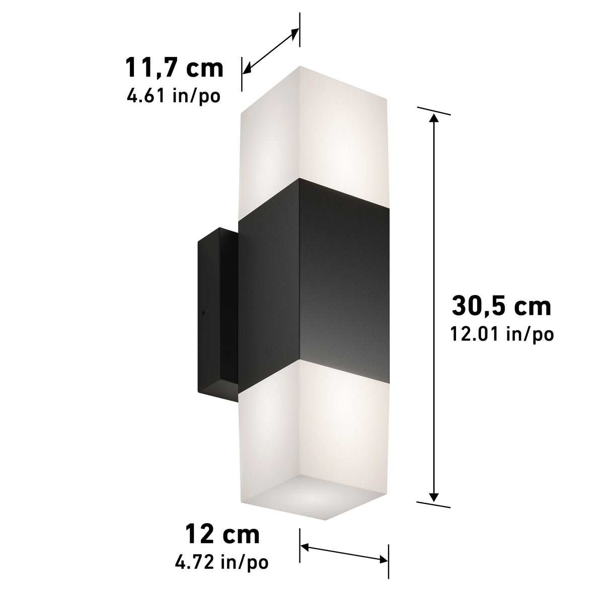 The Artika Lennox indoor-outdoor LED wall light 3 CCT features a rectangular black center with frosted white ends, measuring 30.5 cm tall, 11.7 cm wide, and 12 cm deep.