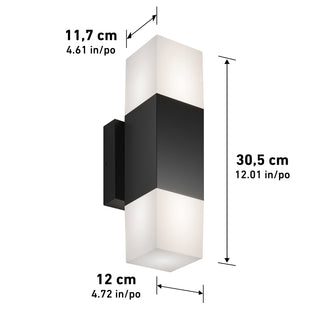 The Artika Lennox indoor-outdoor LED wall light 3 CCT features a rectangular black center with frosted white ends, measuring 30.5 cm tall, 11.7 cm wide, and 12 cm deep.