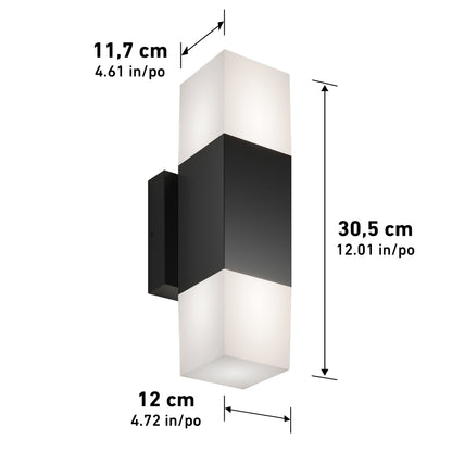 The Artika Lennox indoor-outdoor LED wall light 3 CCT features a rectangular black center with frosted white ends, measuring 30.5 cm tall, 11.7 cm wide, and 12 cm deep.