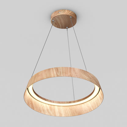 The Artika Tallis LED pendant light 5 CCT features a modern, circular wooden-finish design. Suspended by three slim wires, its ring-shaped frame boasts built-in LEDs along the inner edge, set against a plain light gray background.