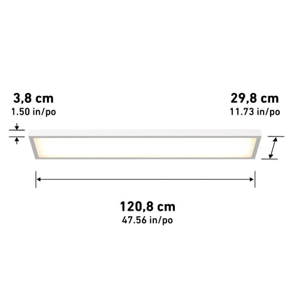 The Artika Skyshade smart RGB LED light panel is a rectangular ceiling fixture measuring 3.8 cm (1.5 in) high, 29.8 cm (11.73 in) wide, and 120.8 cm (47.56 in) long, emitting a soft glow.