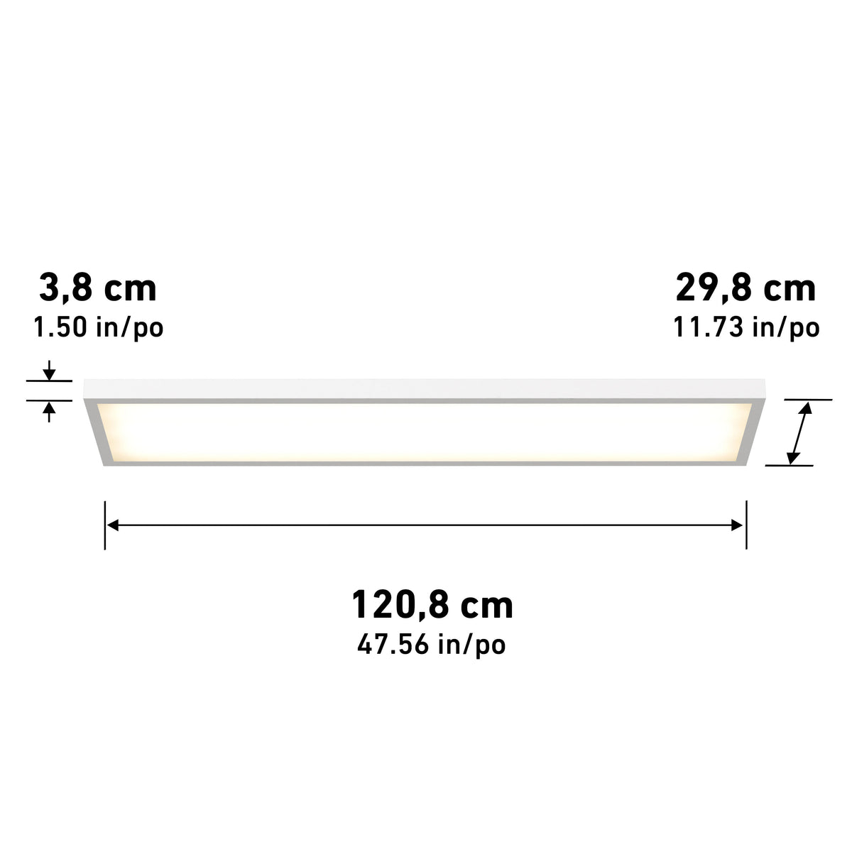 Rectangular ceiling light panel with dimensions labeled: height 3.8 cm (1.50 in), width 29.8 cm (11.73 in), and length 120.8 cm (47.56 in). The light is glowing softly.