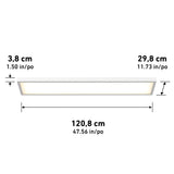 Rectangular ceiling light panel with dimensions labeled: height 3.8 cm (1.50 in), width 29.8 cm (11.73 in), and length 120.8 cm (47.56 in). The light is glowing softly.