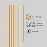 Eight vertical oak paintable wood slats are shown on the left. On the right, text indicates 2.85 m² (30.67 ft²) surface coverage and Pack of 8. Circular icons illustrate each feature.
