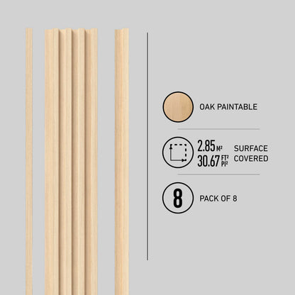 Eight vertical Artika Panolok wall panels are displayed on a gray background, showing Scandinavian design. Icons note 2.85 m² (30.67 ft²) surface coverage and that this is a pack of 8 panels.
