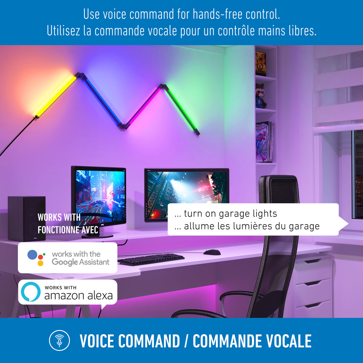 A modern workspace with a computer, colorful LED wall lights, and a smart speaker. Text promotes hands-free voice control with Google Assistant and Amazon Alexa, in English and French.