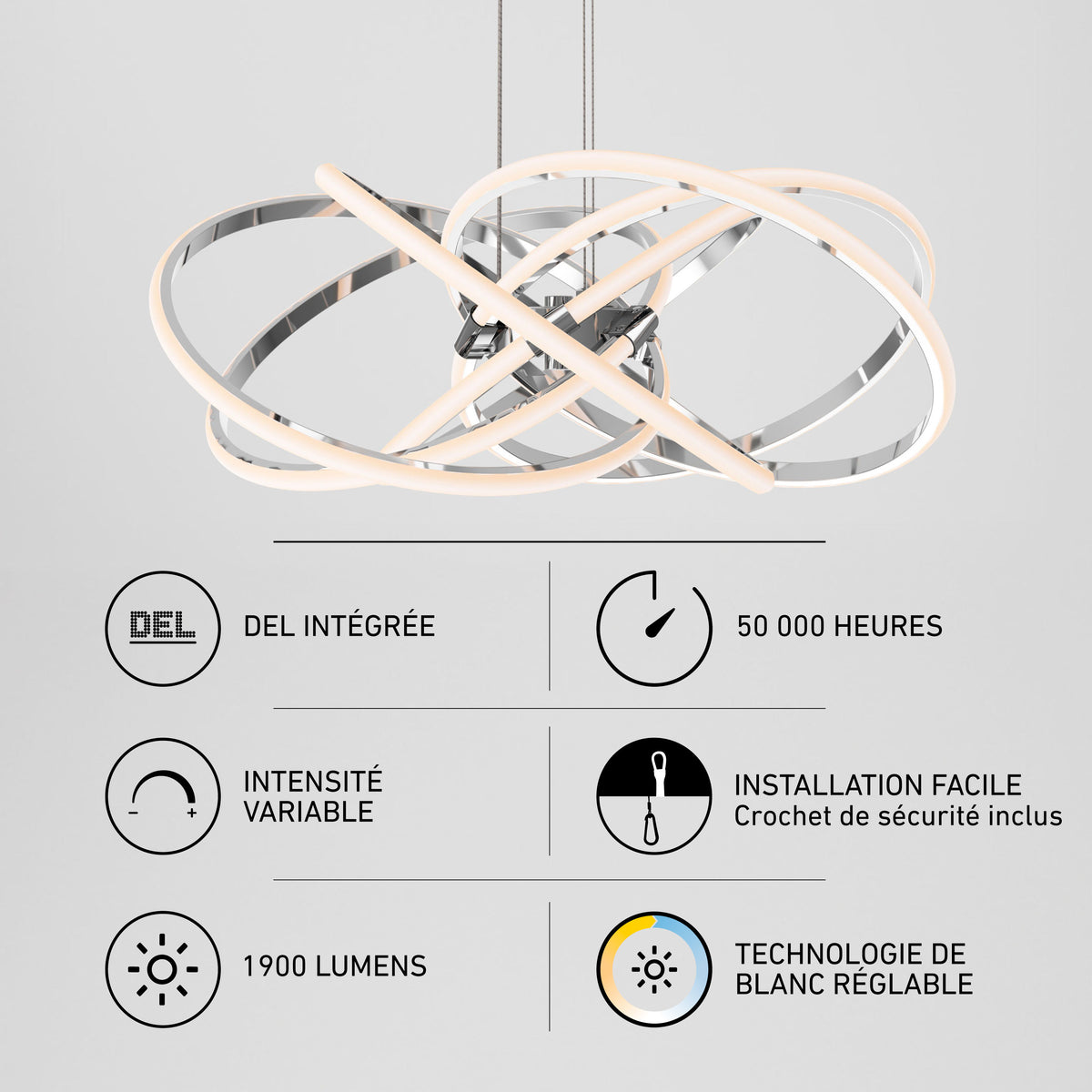 Artika Maelstrom modern LED pendant light, 5 CCT, 50,000 hrs, dimmable, chrome finish, easy install.