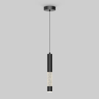 The Mist LED pendant light by Artika features a modern black finish, a slim cylindrical design, and a textured crystal-like section, casting a soft glow from the ceiling.