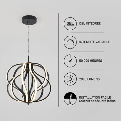 Modern black spherical Artika Meridian LED pendant light, dimmable with 2000 lumens, 50,000-hour lifespan, and an included safety hook.