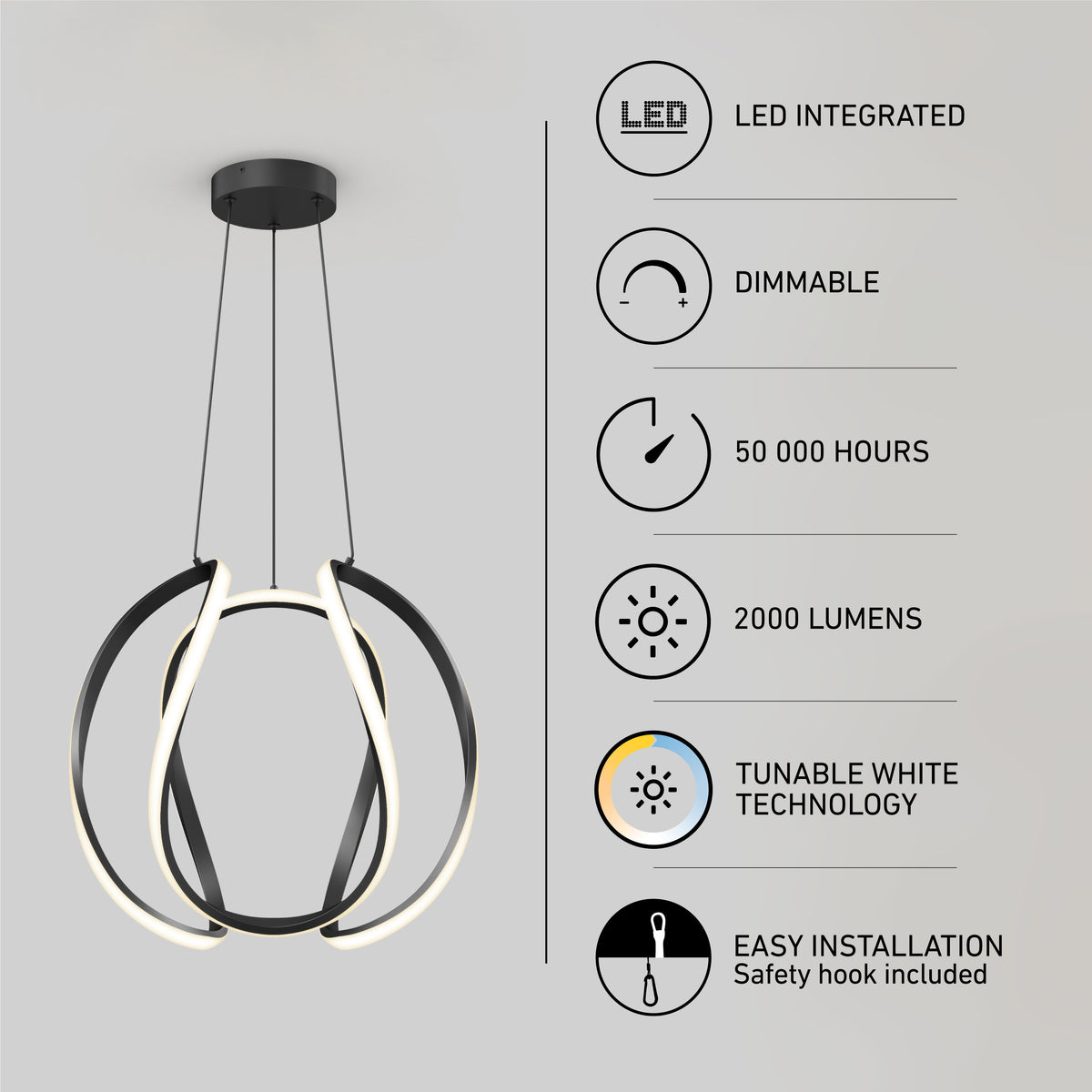The Artika Vivaldi Big LED pendant light 5 CCT features integrated dimmable LEDs, 2000 lumens, tunable white technology, a 50,000-hour lifespan, and easy installation with a safety hook included.