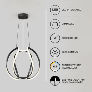 The Artika Vivaldi Big LED pendant light 5 CCT features integrated dimmable LEDs, 2000 lumens, tunable white technology, a 50,000-hour lifespan, and easy installation with a safety hook included.