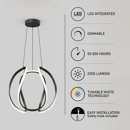 The Artika Vivaldi Big LED pendant light 5 CCT features integrated dimmable LEDs, 2000 lumens, tunable white technology, a 50,000-hour lifespan, and easy installation with a safety hook included.