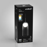 A black box for the Artika Mirah LED pendant light is displayed. The packaging shows the cylindrical pendant with a glowing bulb and features product details, icons, and lighting specifications.