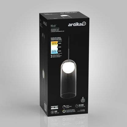 Black packaging box for the Artika Mirah LED modern mid-century pendant light 3 CCT, showcasing a glass pendant image, product specs, icons, and Artika branding on a gray background.