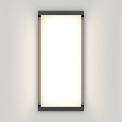The Artika Faro modern LED indoor-outdoor wall light 3 CCT features a rectangular design with a dark frame and bright white illuminated center, creating a soft wall glow.
