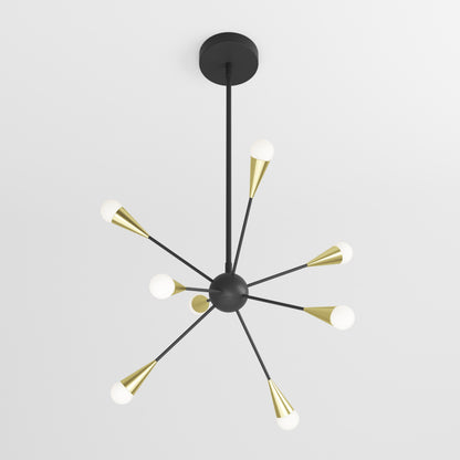 The Artika Wayden modern LED pendant light 3 CCT features a black central sphere, six black rods, and gold cone-shaped fixtures with round white bulbs, creating a striking ceiling centerpiece.