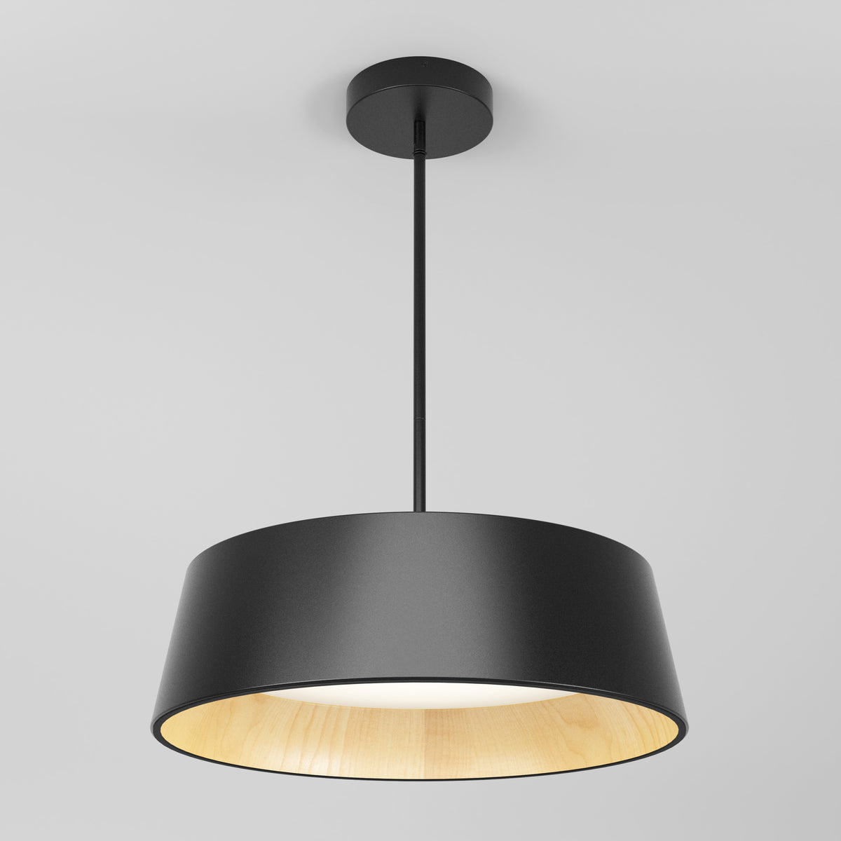 The Artika Alton modern LED pendant light 5 CCT features a black exterior, light wood interior, and is suspended from the ceiling by a black rod against a plain white background.