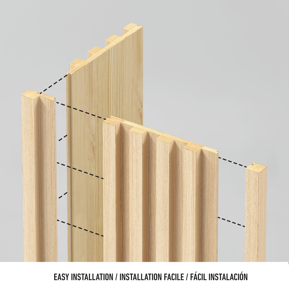 Diagram showing wooden slats and a panel being assembled together with dashed lines indicating their alignment, illustrating an easy installation process. Text below reads, “EASY INSTALLATION / INSTALLATION FACILE / FÁCIL INSTALACIÓN.”.