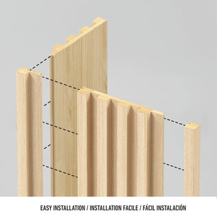 Diagram features Artika’s Panolok 30.67 ft wall panel kit (pack of 8) with oak-finish wooden slats and panels, showing groove alignment for simple assembly inspired by Scandinavian design. “EASY INSTALLATION” appears below in multiple languages.