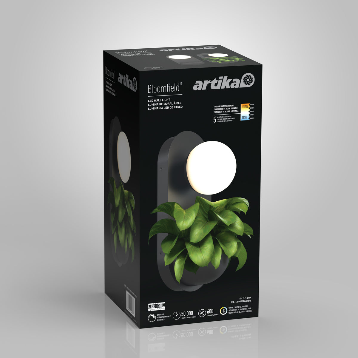 A product box for the Artika Bloomfield LED modern mid-century wall sconce 5 CCT shows the fixture with a round bulb and green plants below, highlighting features, specs, and a 5-year warranty.