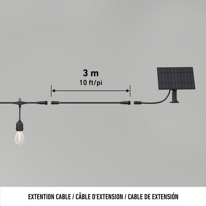 A diagram shows an Artika Blaze 20 LED Outdoor Solar String Lights set connected to a solar panel with a 3-meter (10 ft) extension cable on a gray background. Text below reads: EXTENTION CABLE / CÂBLE D’EXTENSION / CABLE DE EXTENSIÓN.