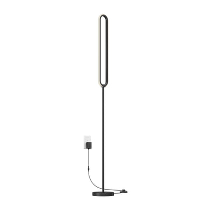 The Artika Leni dimmable LED modern floor lamp features a black finish, oval-shaped LED top, and round base. A black cord and adapter plug it into a white wall outlet.