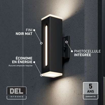 Artika Linea Square LED wall light, 3 CCT, black matte, dimmable, photocell, weather-resistant, 5-yr warranty on gray wall.