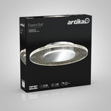 Box of an Artika Essence Disk LED ceiling light, featuring an image of the circular ceiling light with a glittery outer ring and a sleek, modern design, displayed on a black and gray background.