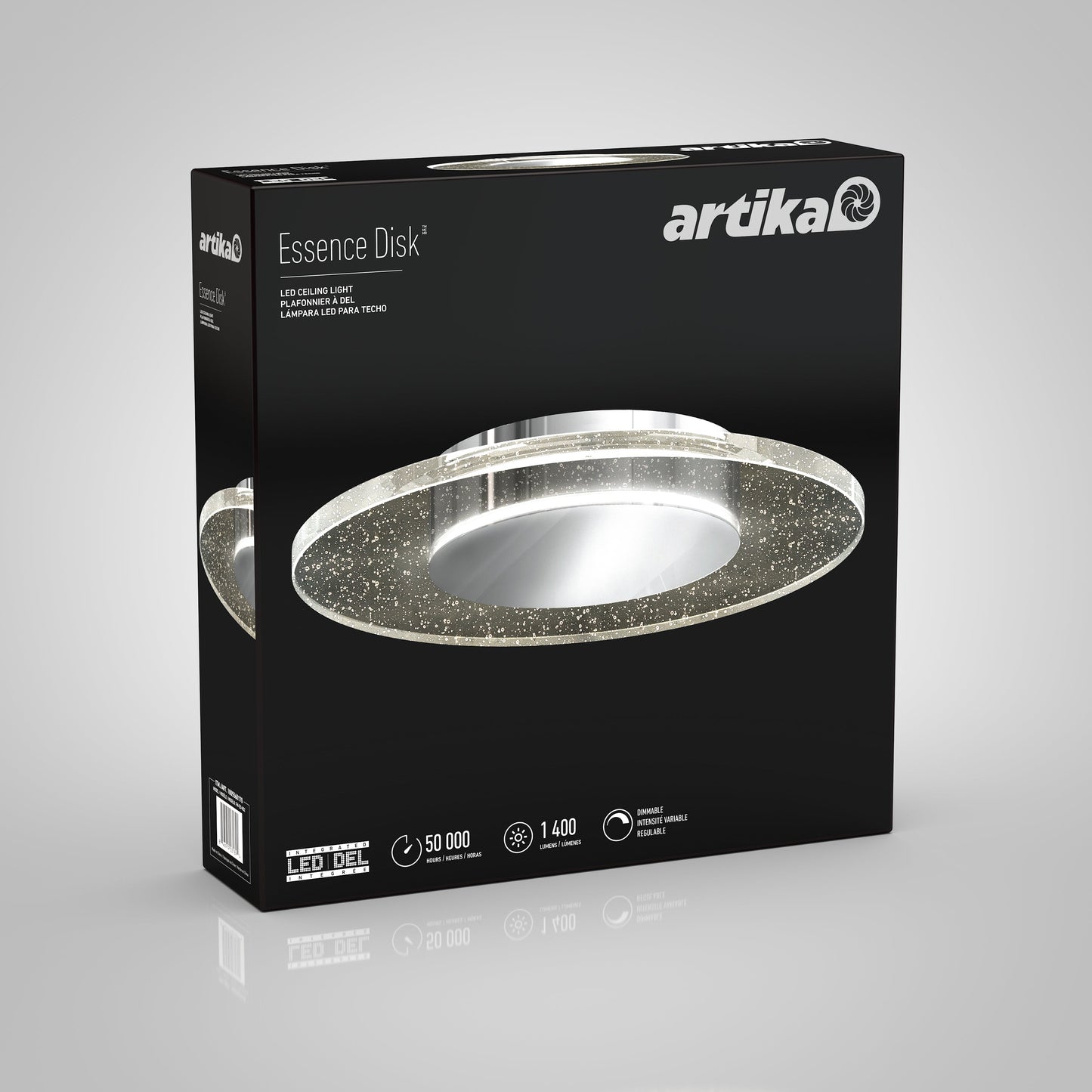 A black Artika-CAN-dev box showcases the Essence Disk LED flush mount: modern circular design, glass diffuser, chrome finish, and sparkles. Icons highlight 50,000 hours, 1,400 lumens brightness, and dimmable LED features.