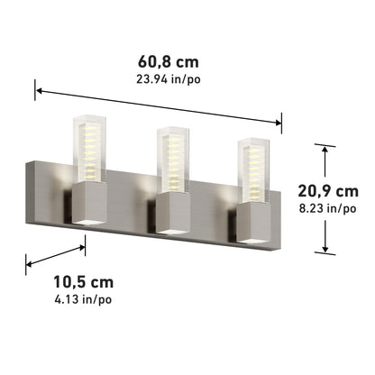 The Artika Hologram LED modern bathroom vanity light 5 CCT features three lights with a rectangular base and vertical glass shades, measuring 60.8 cm wide, 20.9 cm high, and 10.5 cm deep.