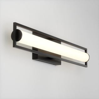 The Artika Rialto modern LED bathroom vanity light 3 CCT features a dimmable horizontal frosted glass tube framed by a rectangular black metal structure, mounted on a white wall for contemporary style.