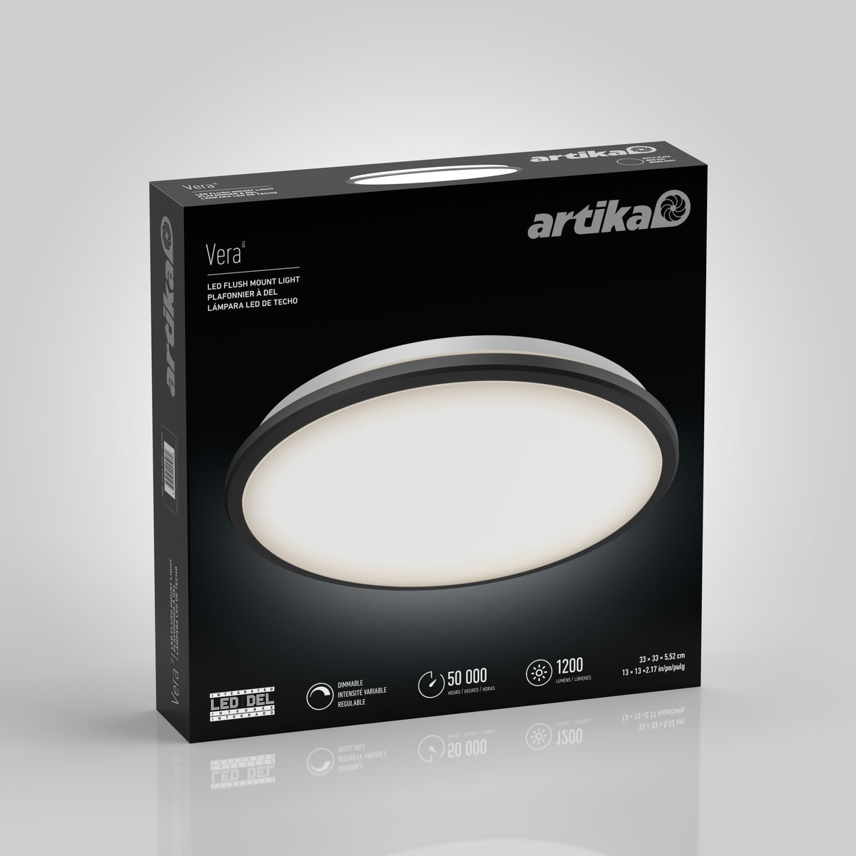 Box packaging for Artikas Vera LED flush mount light, featuring an image of the light fixture on a black background, with product details such as brightness, lifespan, and energy efficiency visible.