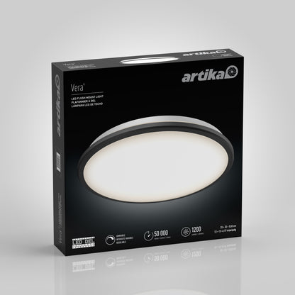 A black and white box for the Artika Vera 13 in. LED modern flush mount light, showing the round ceiling fixture and highlighting features like a 50,000-hour lifespan, 1200 lumens output, and energy efficiency labels.