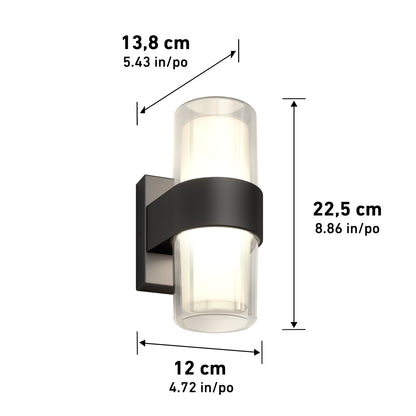 The Artika Colton modern LED indoor-outdoor wall light 5 CCT features a cylindrical glass shade with a black band on a square base. Dimensions: 22.5 cm H, 13.8 cm W, 12 cm D; measurements in cm and inches.