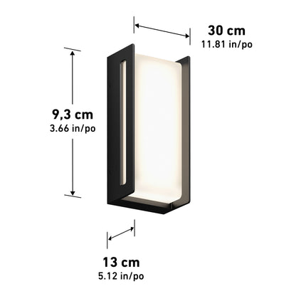 The Artika Ryker smart RGB indoor-outdoor wall light features a modern black rectangular design with an illuminated center and open side. Dimensions: 30 cm (11.8), 13 cm (5.1) depth, 9.3 cm (3.7) width.