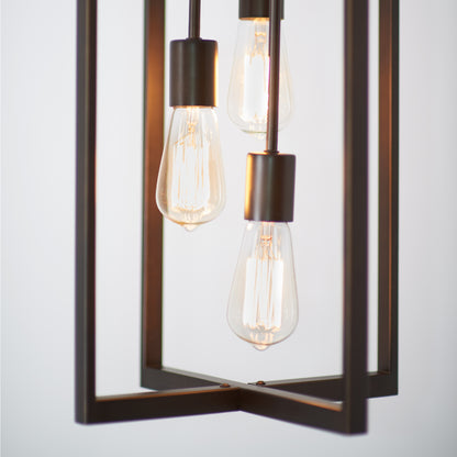 The Artika Yale 3-light Chandelier features three exposed filament bulbs in a modern geometric metal frame, softly illuminating any space with its contemporary design.