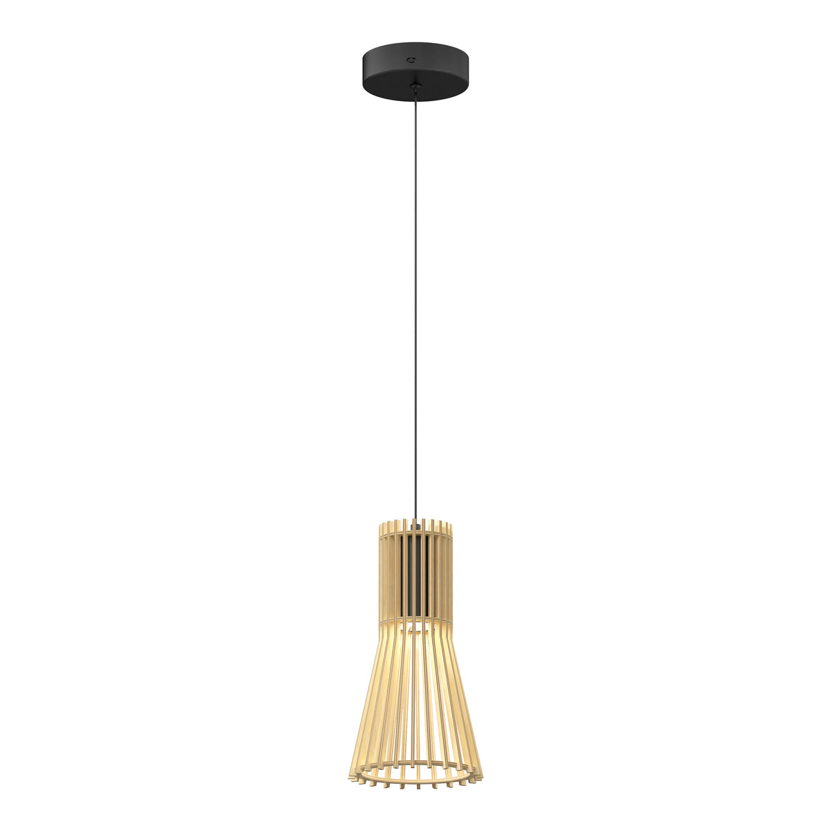 A modern pendant light with a black ceiling mount and a long cord suspending a wooden, slatted lampshade in a flared, geometric design.