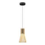 A modern pendant light with a black ceiling mount and a long cord suspending a wooden, slatted lampshade in a flared, geometric design.