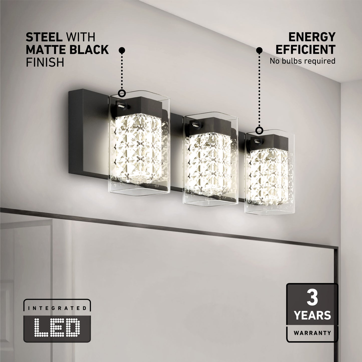 The Artika Crystal Cube LED bathroom vanity light features three crystal-like LEDs on a matte black steel base for modern style above your mirror. Enjoy energy efficiency, integrated LED technology, and a 3-year warranty.