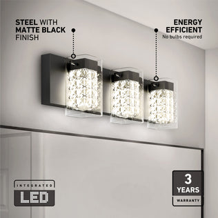 The Artika Crystal Cube LED bathroom vanity light offers three crystal-patterned lamps, a matte black steel base, clear glass covers, energy-efficient lighting with 5 CCT options, and comes with a 3-year warranty.