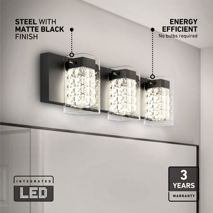 The Artika Crystal Cube LED bathroom vanity light offers three crystal-patterned lamps, a matte black steel base, clear glass covers, energy-efficient lighting with 5 CCT options, and comes with a 3-year warranty.