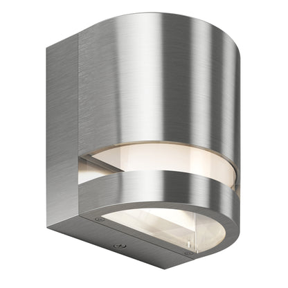 The Artika Valor Round LED indoor-outdoor wall light features a modern brushed stainless steel cylindrical design with a frosted glass shade and smooth, clean lines, shown against a white background.