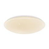 A round, flush-mounted ceiling light with a soft, warm glow and a smooth, white surface featuring tiny dotted patterns resembling stars.