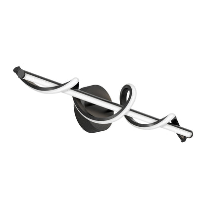 The Artika Coda modern LED bathroom vanity light features a black base, horizontal rod, and a white illuminated spiral for a decorative, contemporary look.