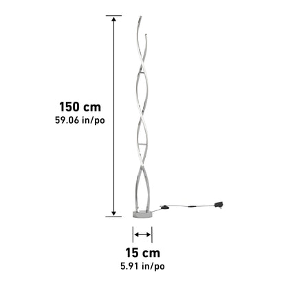 The Artika Swirl modern LED floor lamp features a twisted design on a round base, stands 150 cm (59.06 in) high and 15 cm (5.91 in) wide, and comes with a power cord and switch. Measurements are labeled beside the lamp.