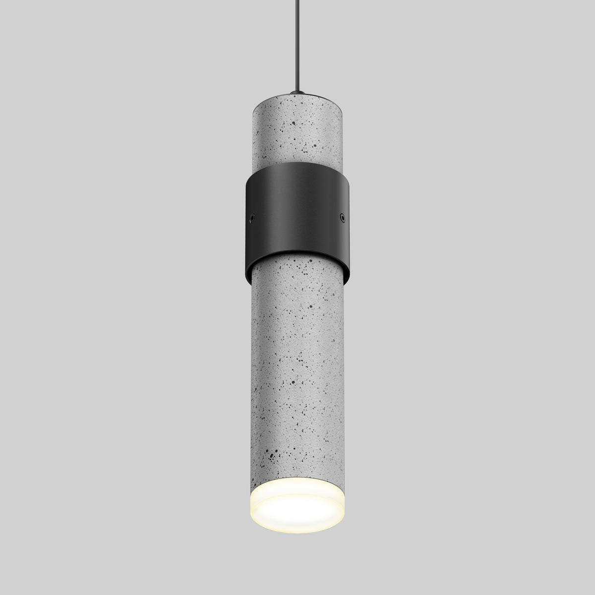 The Artika Barden 1-light LED pendant 5 CCT features a modern cylindrical gray concrete body with a black metal accent and glowing base, suspended against a plain light gray background.