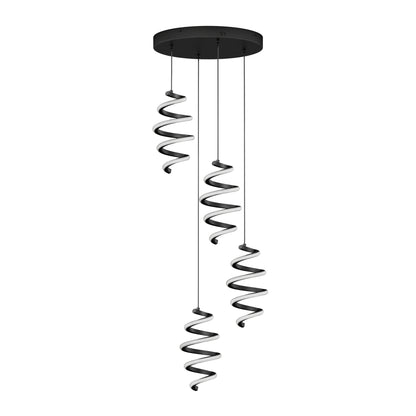 The Artika Chorus 4 Light LED Pendant features three black spiral LED lights hanging at varying lengths from a round black base, offering a modern touch and 5 CCT adjustability.