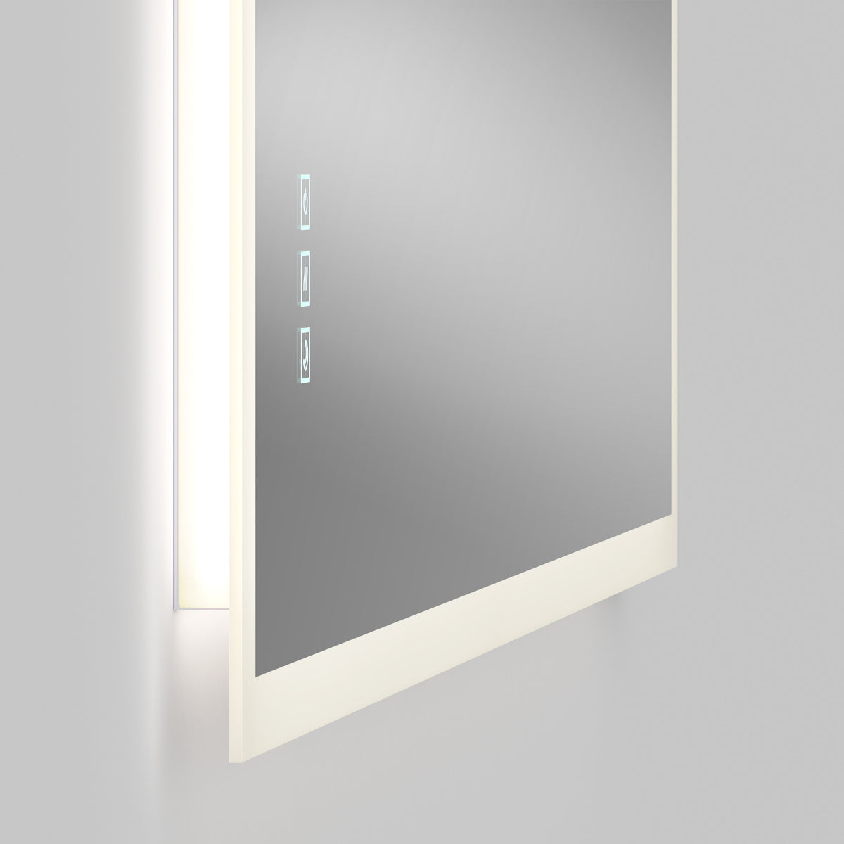 A close-up of the Artika Mavis 48" x 36" Rectangular LED Mirror, featuring a white frame, built-in side LED lights, defogger, and three touch control buttons visible on its surface.