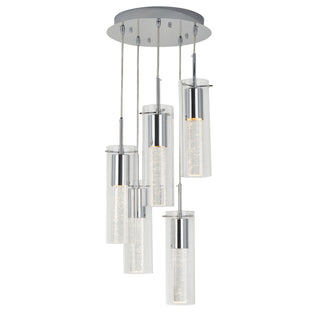 The Artika Bubble Swirl 5-light pendant features five cylindrical glass pendants suspended at different heights from a round chrome base, with chrome accents and elegant inner detailing in each pendant.
